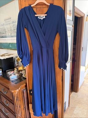 Meghan LA Navy Blue Long-Sleeve Wrap Midi Dress
